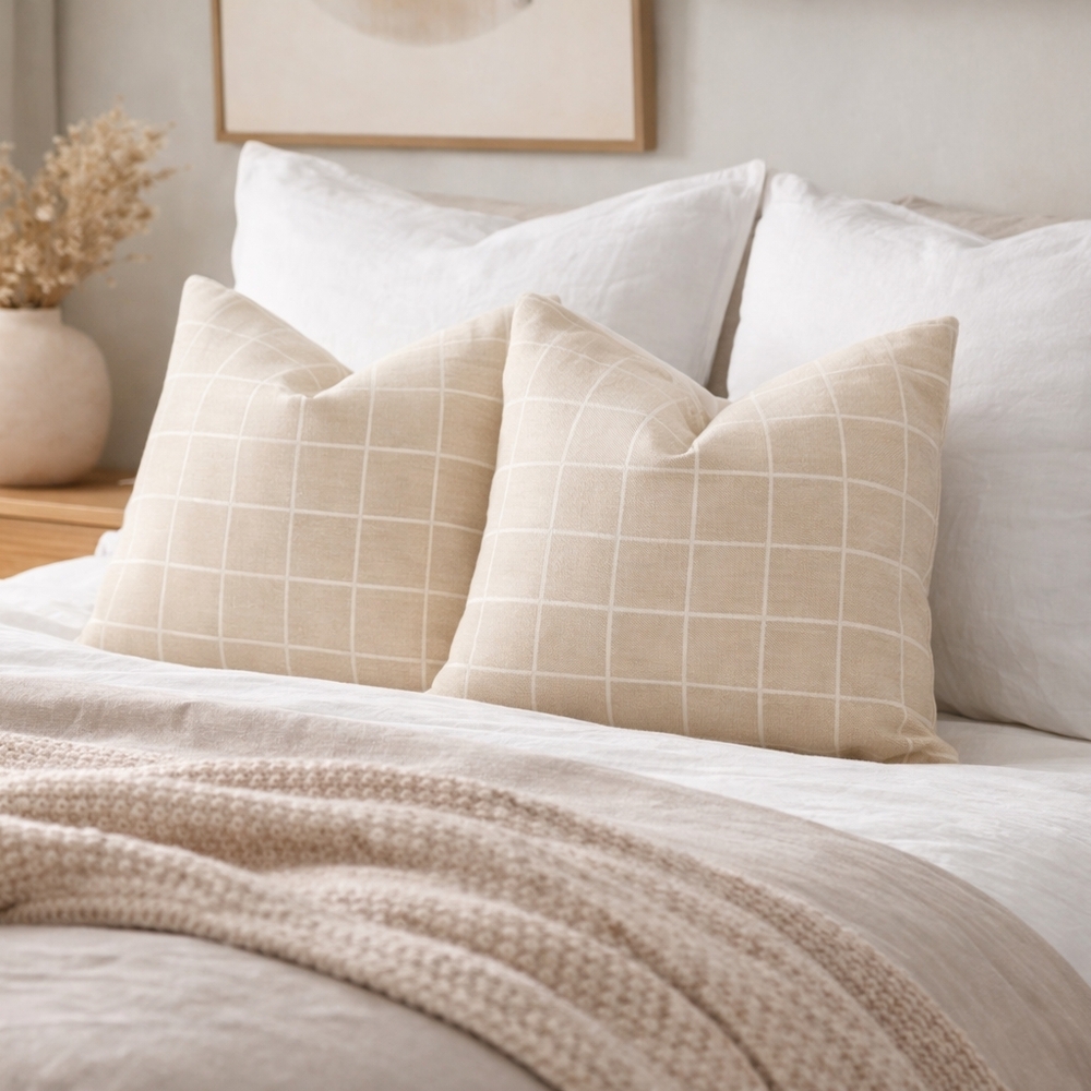 Throw Pillow Cover 2 pack 20x20 Windowpane Grid Pattern Cream & White Chenille